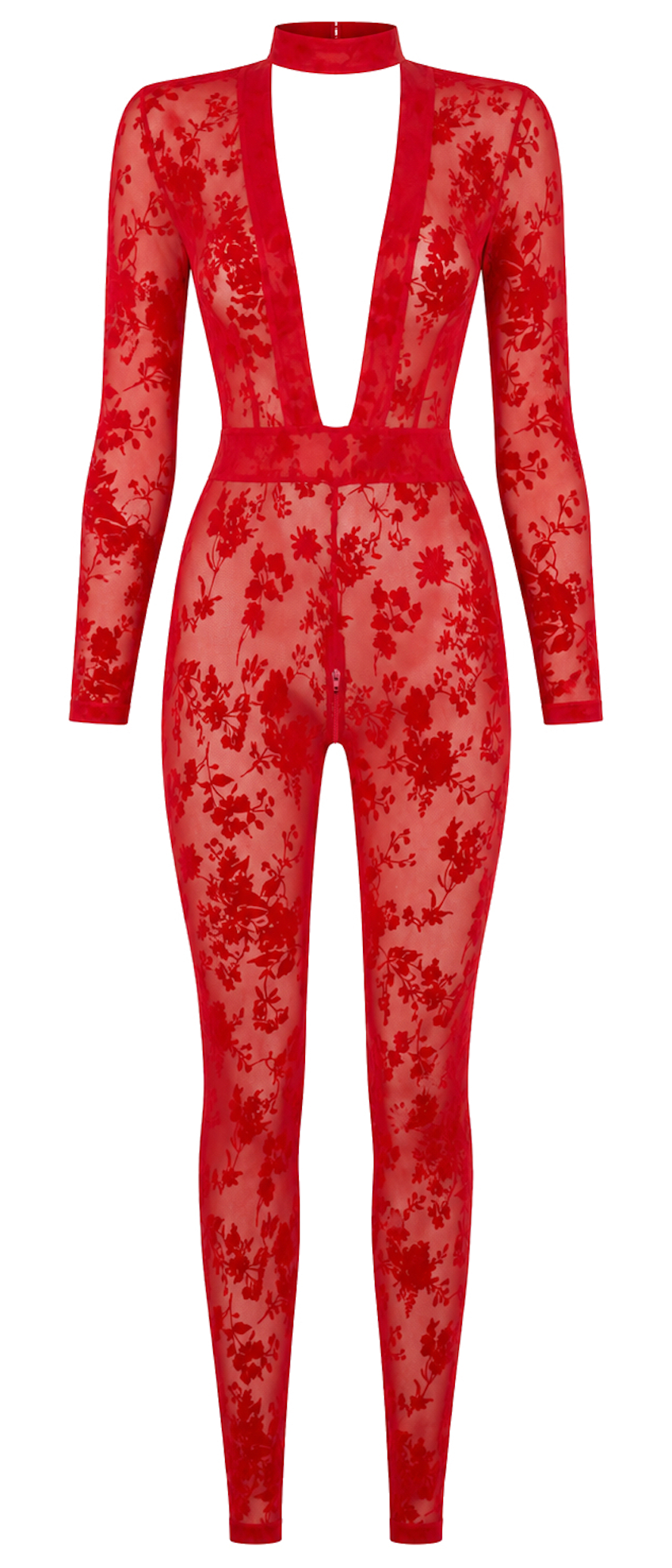 Tüll Catsuit Damen Rot mit tiefem V-Ausschnitt – Noir Handmade, Vorderansicht ohne Model