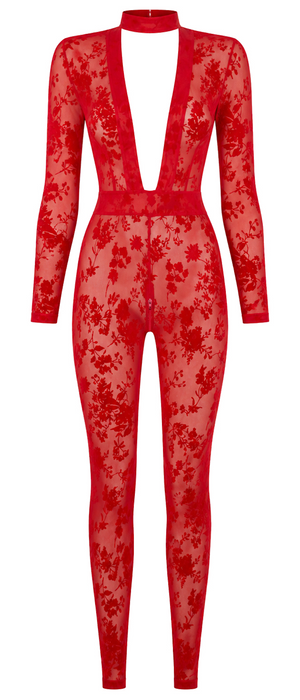Tüll Catsuit Damen Rot mit tiefem V-Ausschnitt – Noir Handmade, Vorderansicht ohne Model