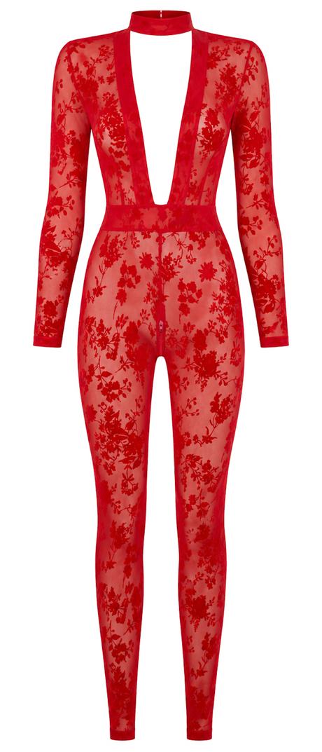 Tüll Catsuit Damen Rot mit tiefem V-Ausschnitt – Noir Handmade, Vorderansicht ohne Model