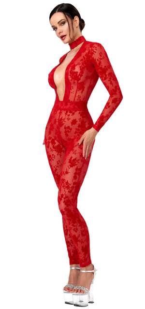 Tüll Catsuit Damen Rot mit tiefem V-Ausschnitt – Noir Handmade, Seitenansicht