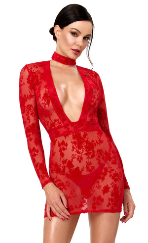 Tüll Minikleid Damen Rot mit tiefem V-Ausschnitt – Noir Handmade, Vorderansicht
