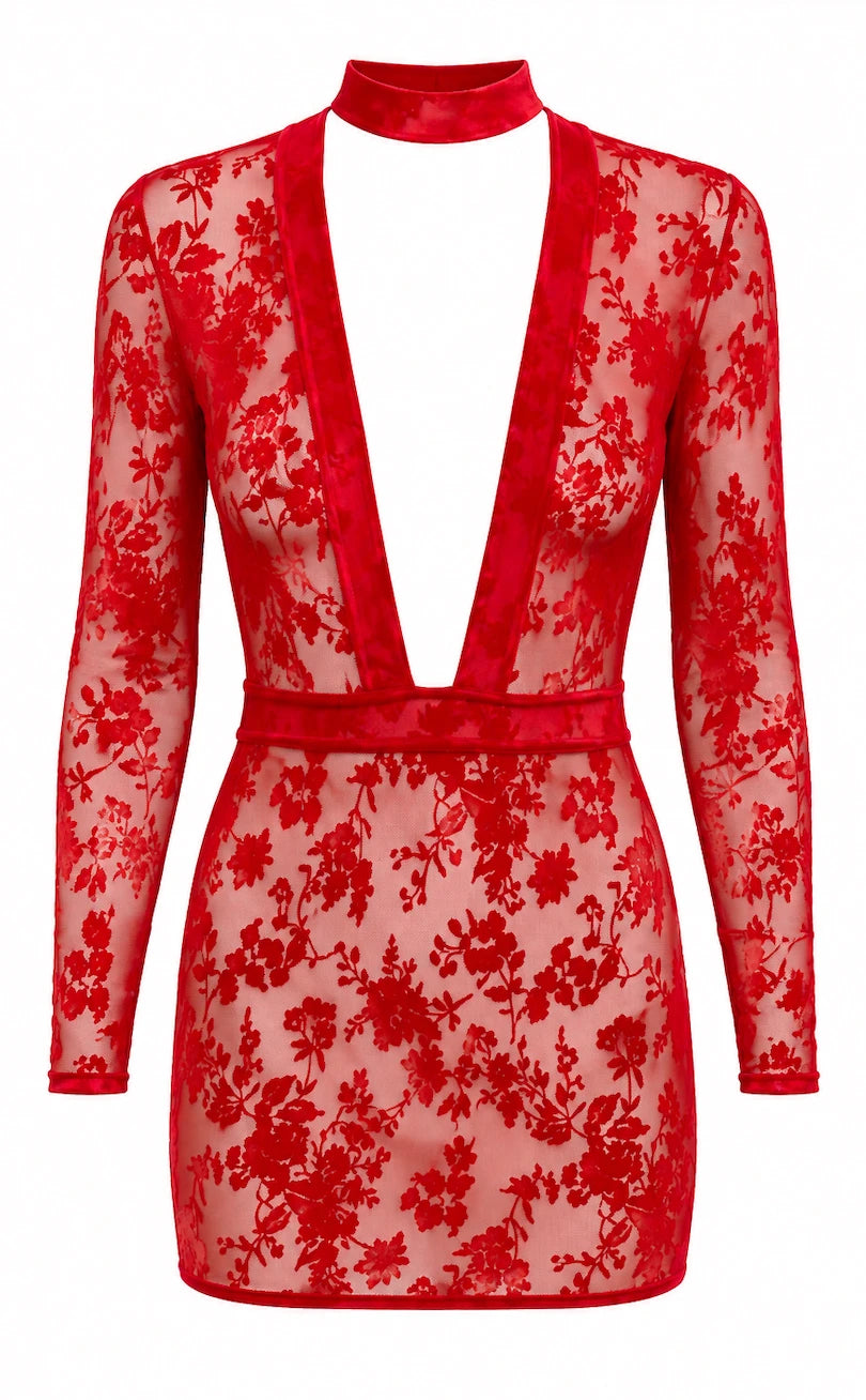 Tüll Minikleid Damen Rot mit tiefem V-Ausschnitt – Noir Handmade, Vorderansicht ohne Model