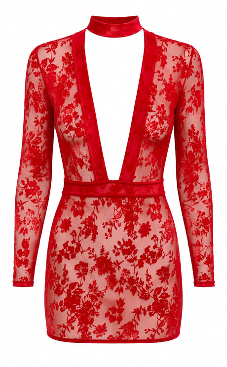 Tüll Minikleid Damen Rot mit tiefem V-Ausschnitt – Noir Handmade, Vorderansicht ohne Model