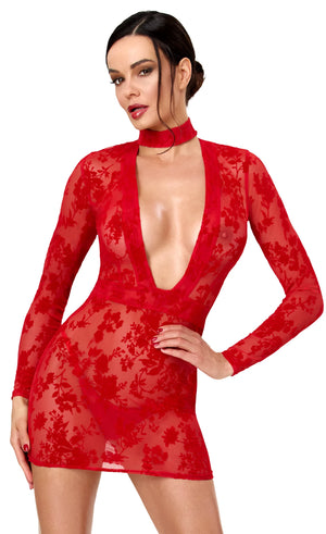 Tüll Minikleid Damen Rot mit tiefem V-Ausschnitt – Noir Handmade, Vorderansicht