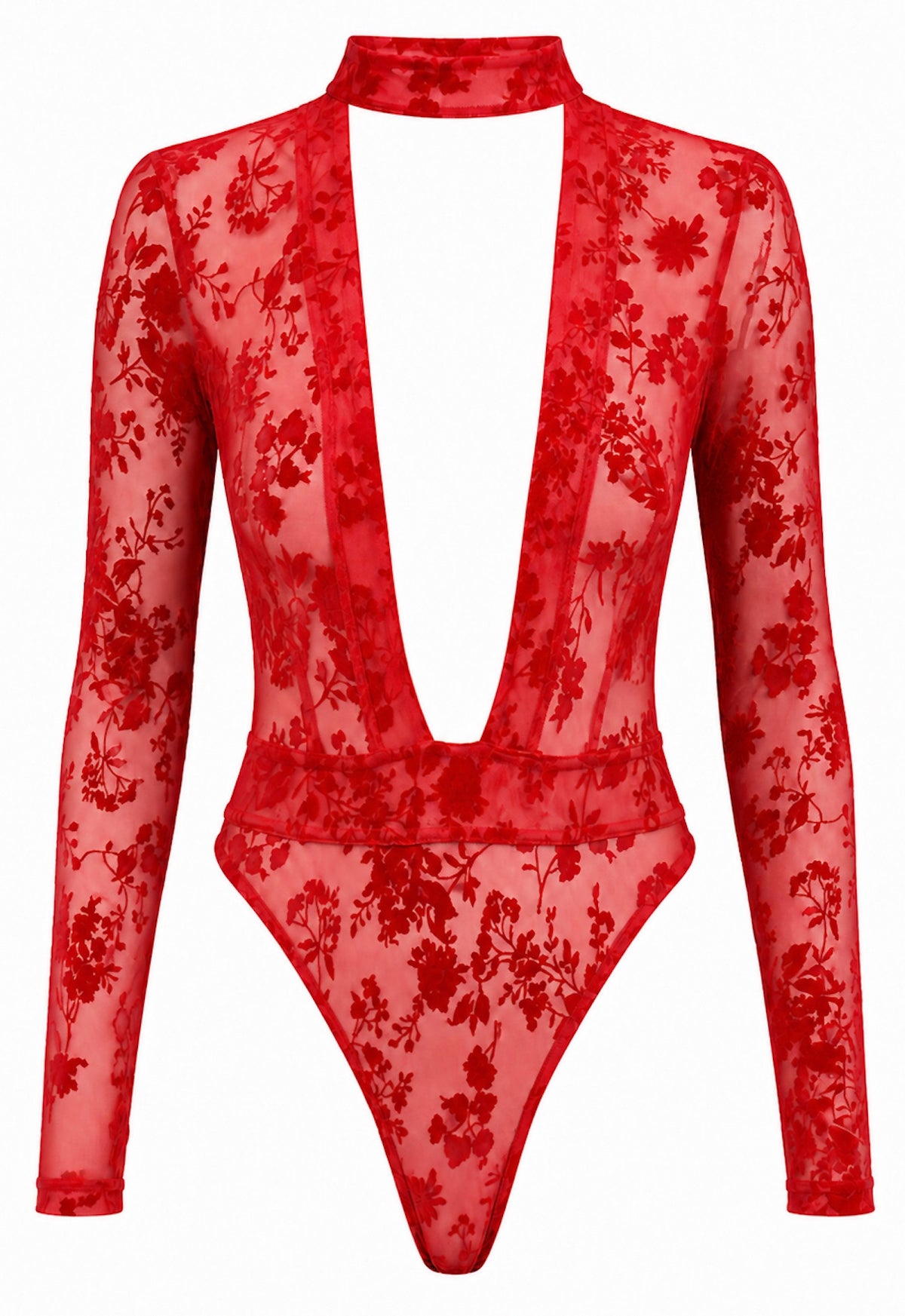 Tüll Body Damen Rot mit tiefem V-Ausschnitt – Noir Handmade, Vorderansicht ohne Model