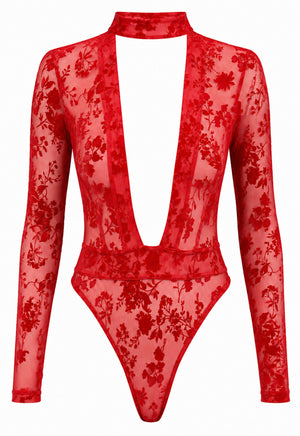 Tüll Body Damen Rot mit tiefem V-Ausschnitt – Noir Handmade, Vorderansicht ohne Model