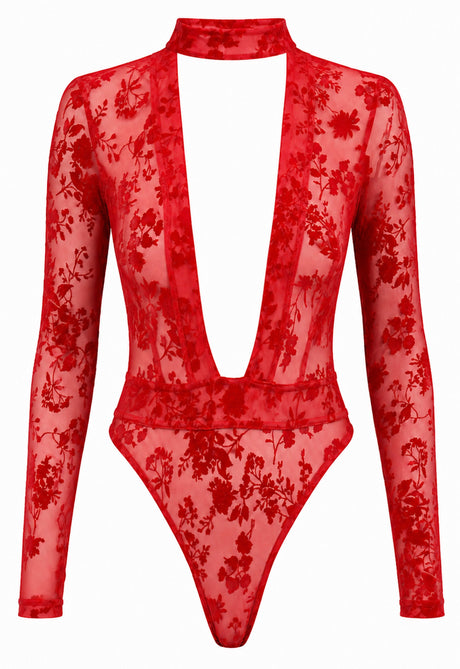 Tüll Body Damen Rot mit tiefem V-Ausschnitt – Noir Handmade, Vorderansicht ohne Model