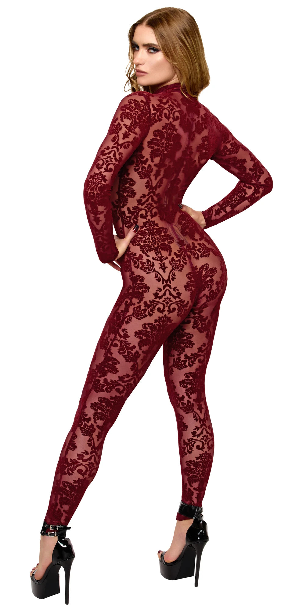 Tüll Catsuit Damen Bordeaux mit 3-Wege-Zip – Noir Handmade, Rückansicht