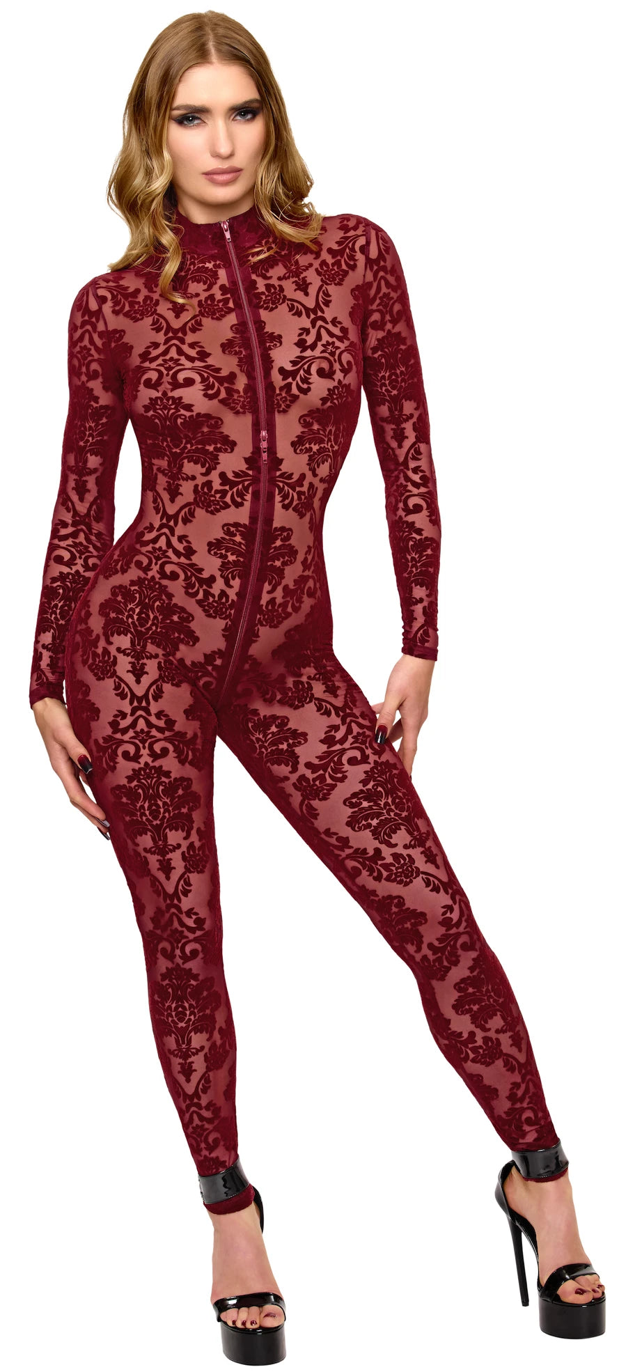 Tüll Catsuit Damen Bordeaux mit 3-Wege-Zip – Noir Handmade, Vorderansicht