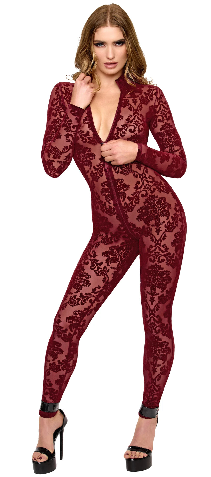Tüll Catsuit Damen Bordeaux mit 3-Wege-Zip – Noir Handmade, Vorderansicht
