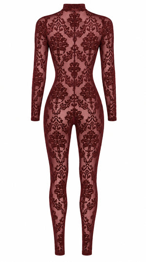 Tüll Catsuit Damen Bordeaux mit 3-Wege-Zip – Noir Handmade, Rückansicht ohne Model