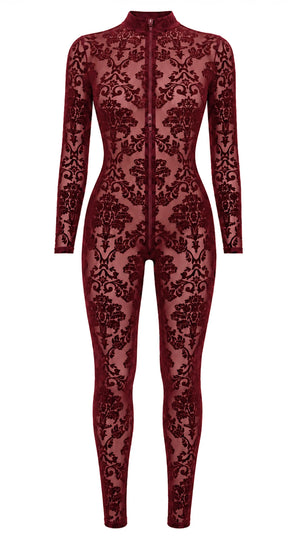 Tüll Catsuit Damen Bordeaux mit 3-Wege-Zip – Noir Handmade, Vorderansicht ohne Model