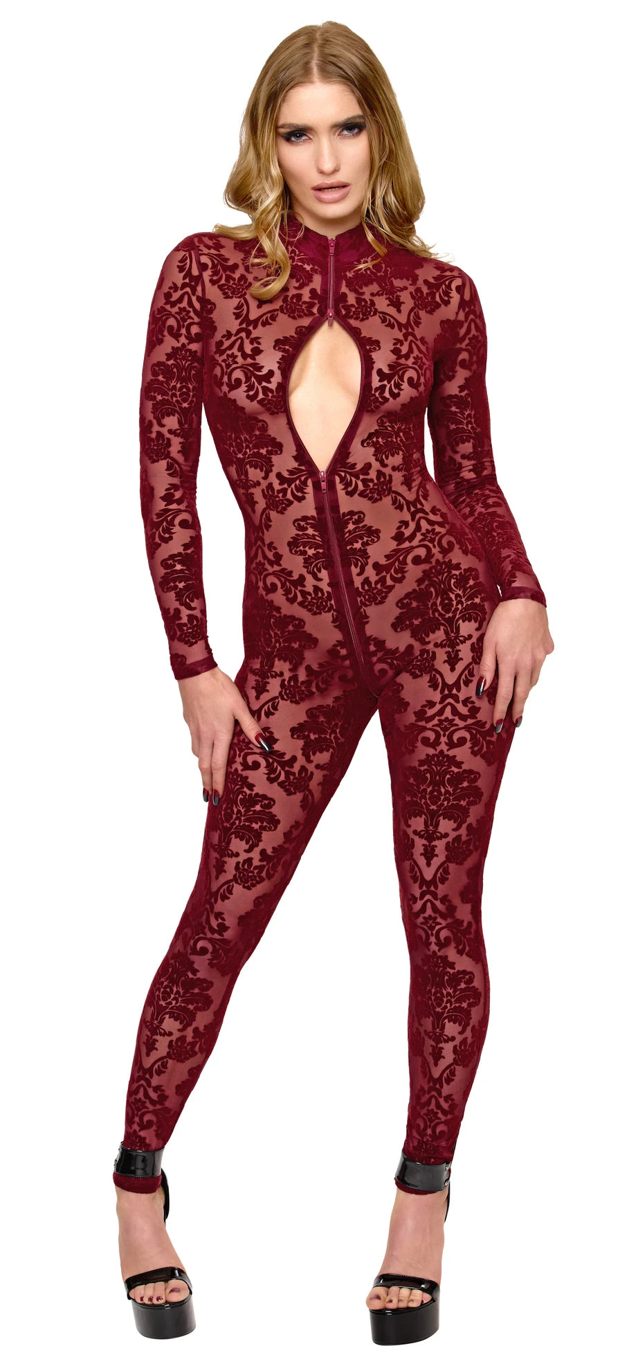 Tüll Catsuit Damen Bordeaux mit 3-Wege-Zip – Noir Handmade, Vorderansicht