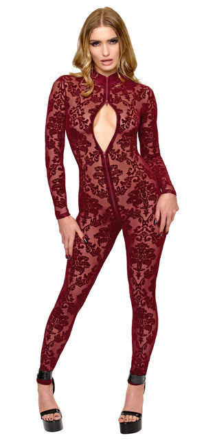 Tüll Catsuit Damen Bordeaux mit 3-Wege-Zip – Noir Handmade, Vorderansicht