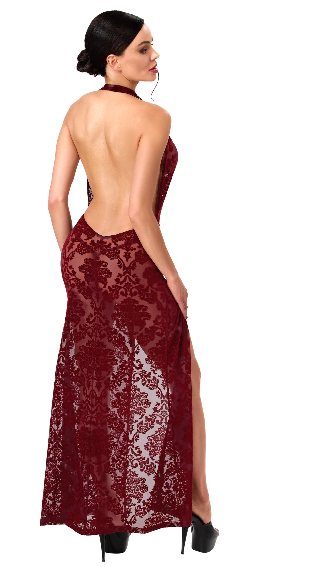 Tüll Maxikleid Damen Bordeaux rückenfrei – Noir Handmade, Rückansicht