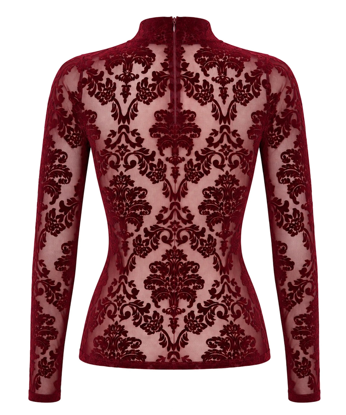 Tüll Top Damen Bordeaux Langarm – Noir Handmade, Rückansicht ohne Model