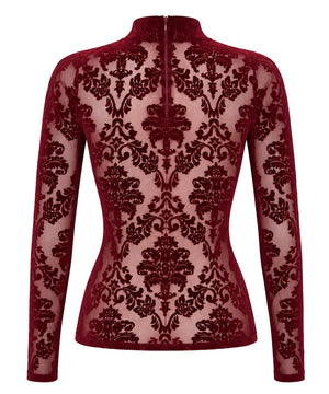 Tüll Top Damen Bordeaux Langarm – Noir Handmade, Rückansicht ohne Model