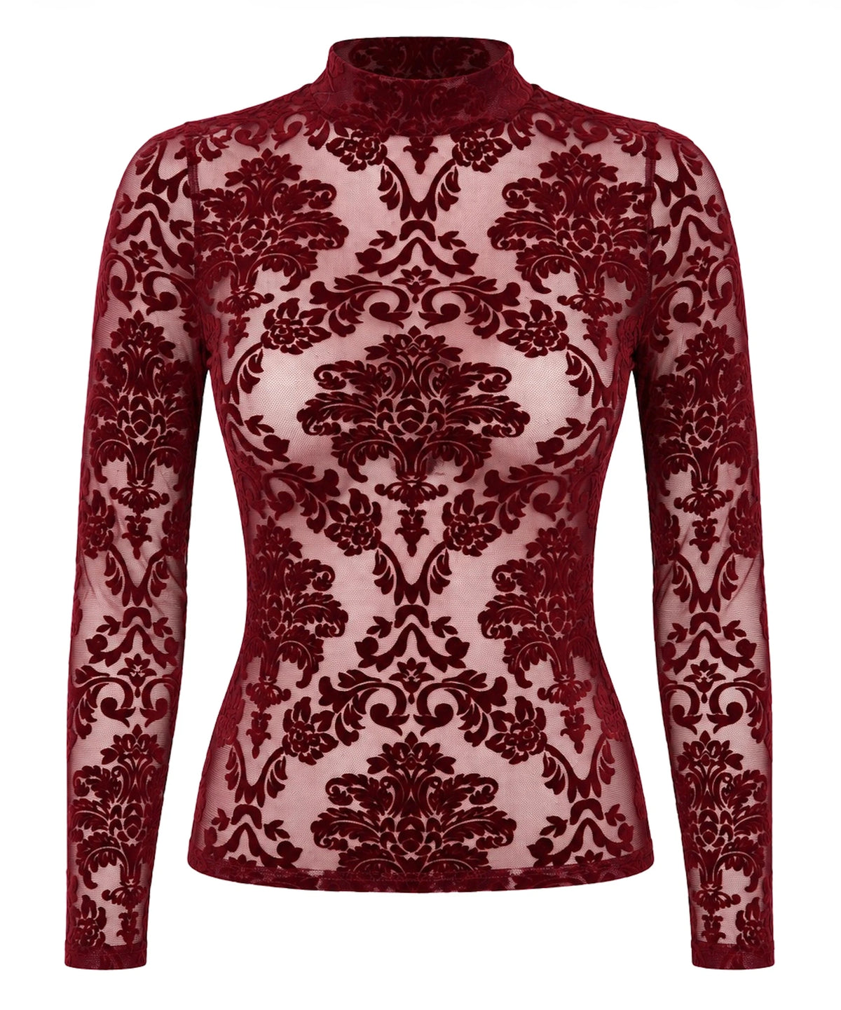 Tüll Top Damen Bordeaux Langarm – Noir Handmade, Vorderansicht ohne Model