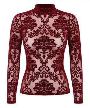 Tüll Top Damen Bordeaux Langarm – Noir Handmade, Vorderansicht ohne Model