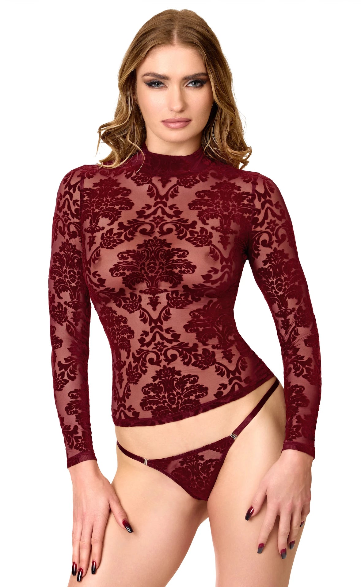 Tüll Top Damen Bordeaux Langarm – Noir Handmade, Vorderansicht
