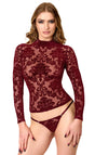 Tüll Top Damen Bordeaux Langarm – Noir Handmade, Vorderansicht