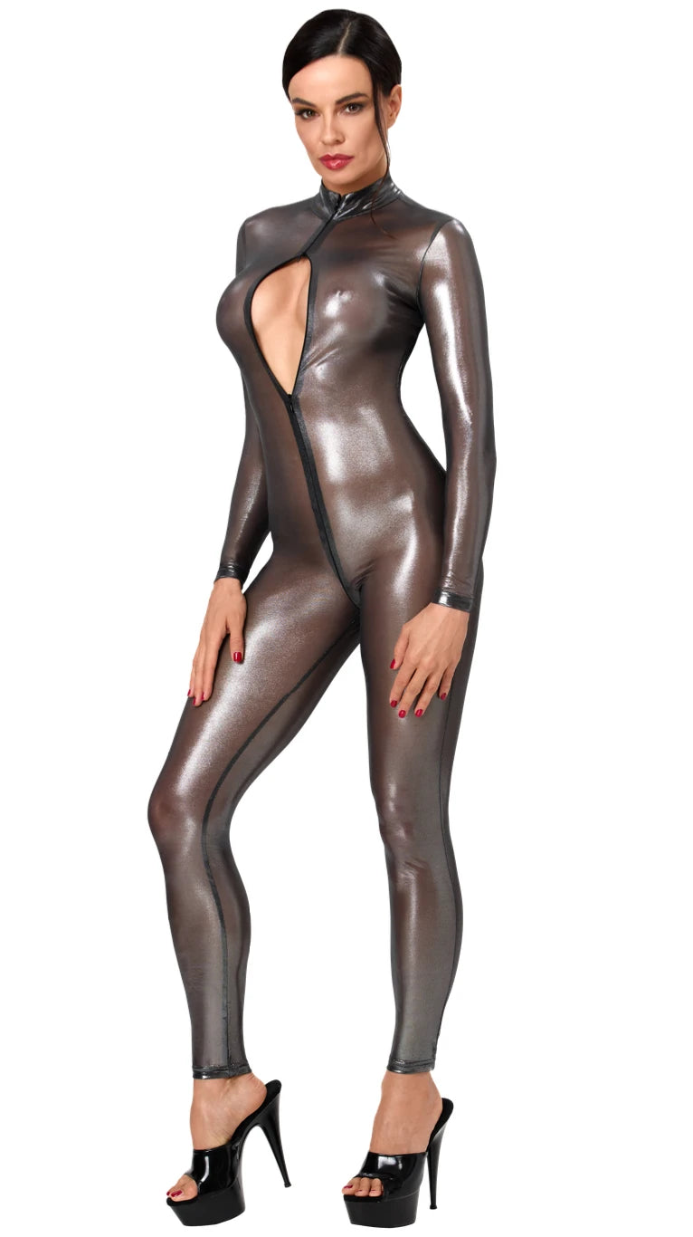 Tüll Catsuit Damen Silber mit 3-Wege-Zip – Noir Handmade, Seitenansicht
