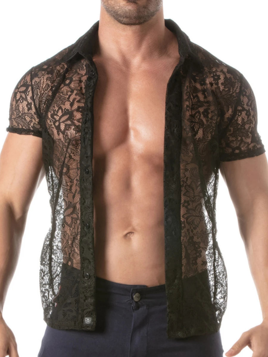 Kurzarmhemd aus Spitze Schwarz – TOF Paris