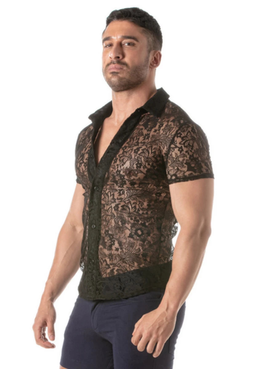 Kurzarmhemd aus Spitze Schwarz – TOF Paris