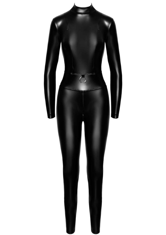 Noir Handmade Elastischer Wetlook-Catsuit mit Reißverschlüssen