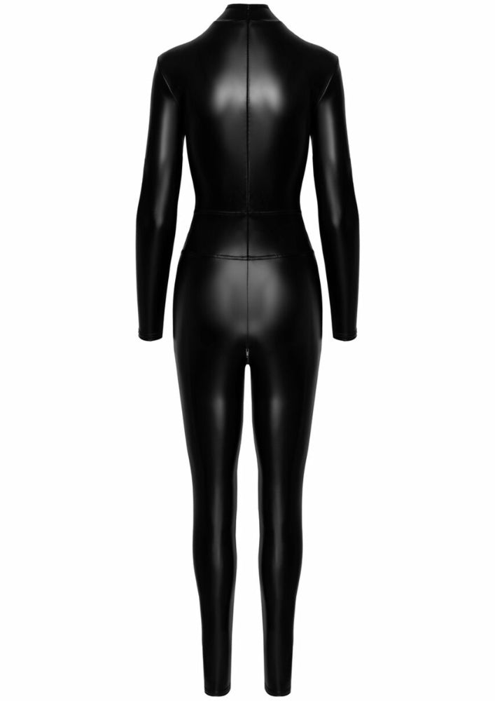 Noir Handmade Elastischer Wetlook-Catsuit mit Reißverschlüssen