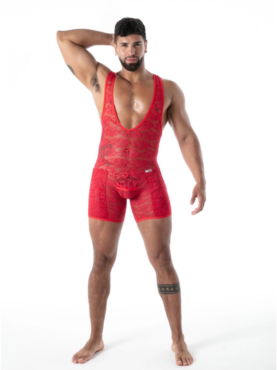 FLUID Spitzen Wrestling‑Body mit Taschen rot – TOF Paris - Hinreissend