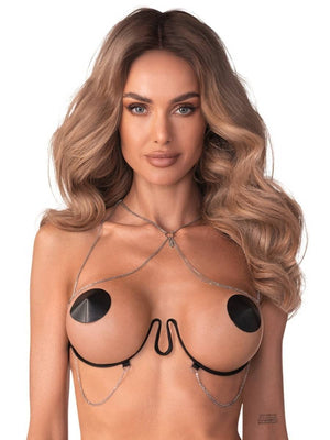 Harness-BH Lustique Schwarz Damen – Obsessive (Detail Kettchen im Dekolleté)