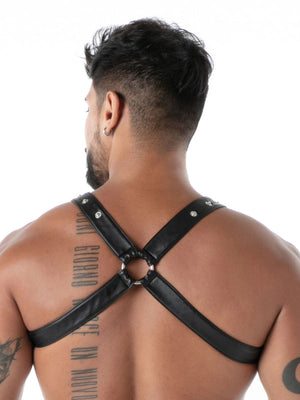 TOF Paris Bulldog Harness – Rückenansicht mit breiten Gurten, dominantem Fetish-Design