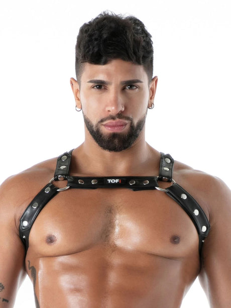 TOF Paris Kinky Bulldog Harness – schwarze Brustgurte, sexy maskuliner Fetish-Look, Vorderansicht