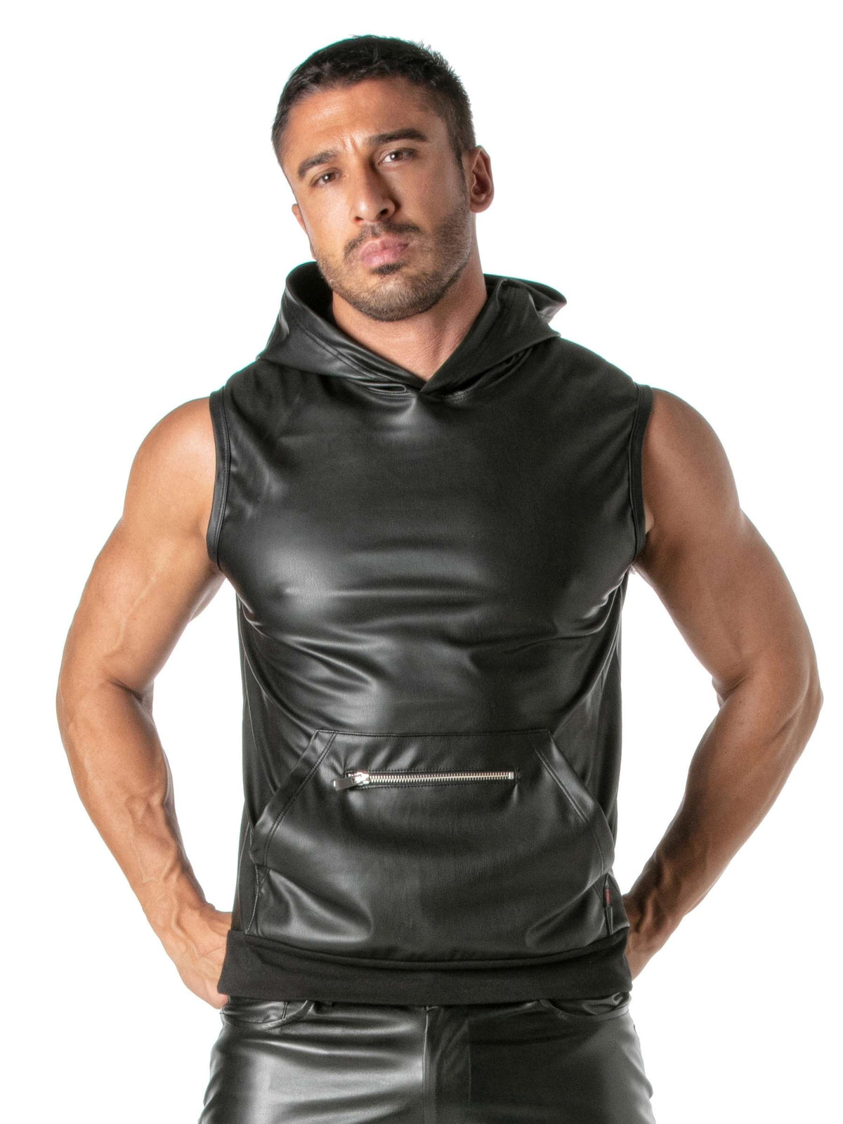 Kunstleder Hoodie Ärmellos mit Zip-Tasche – TOF Paris
