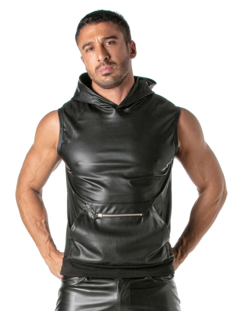 Kunstleder Hoodie Ärmellos mit Zip-Tasche – TOF Paris