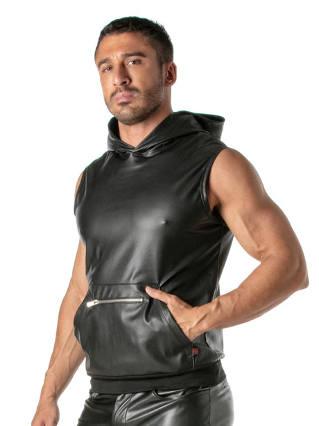 Kunstleder Hoodie Ärmellos mit Zip-Tasche – TOF Paris seitlich