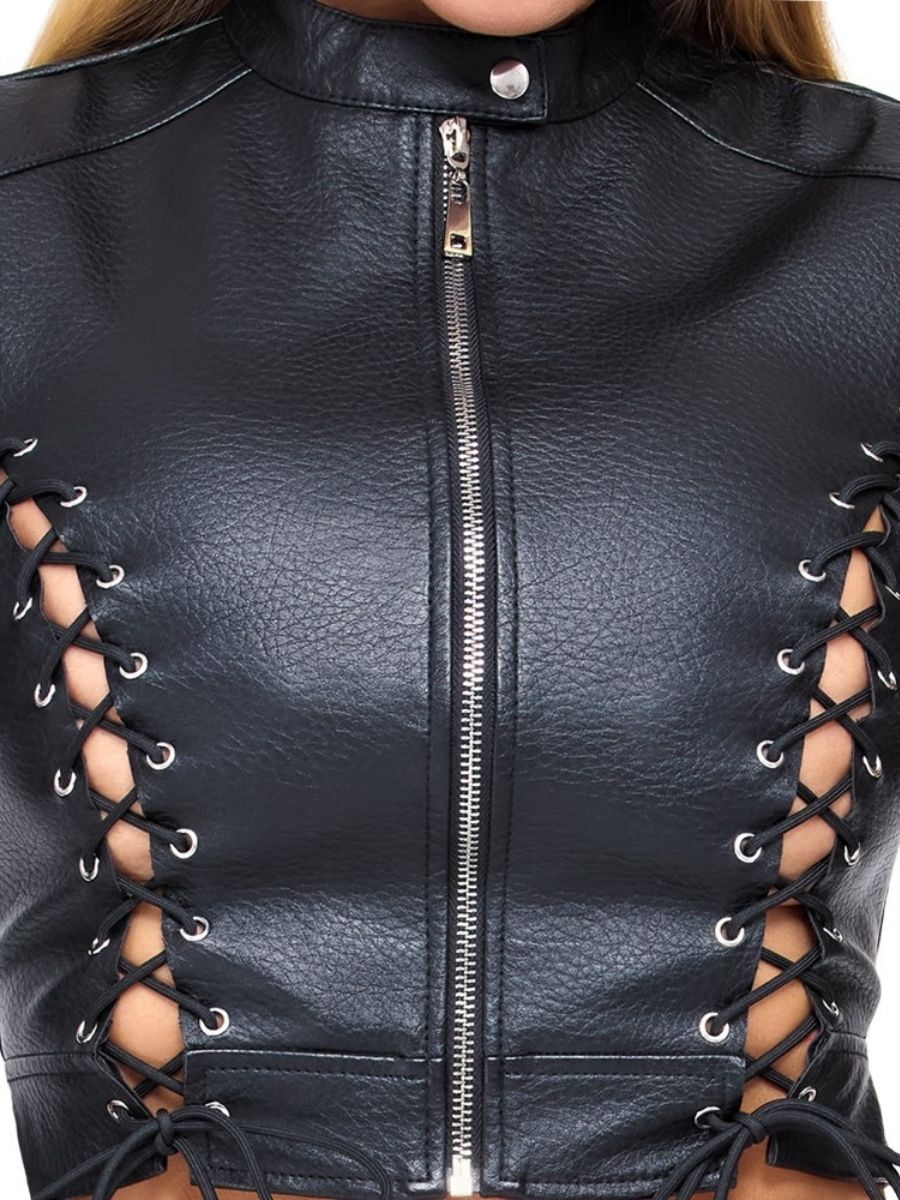 Kunstleder Jacke Schwarz Damen Schnürung Detail – Cottelli Party