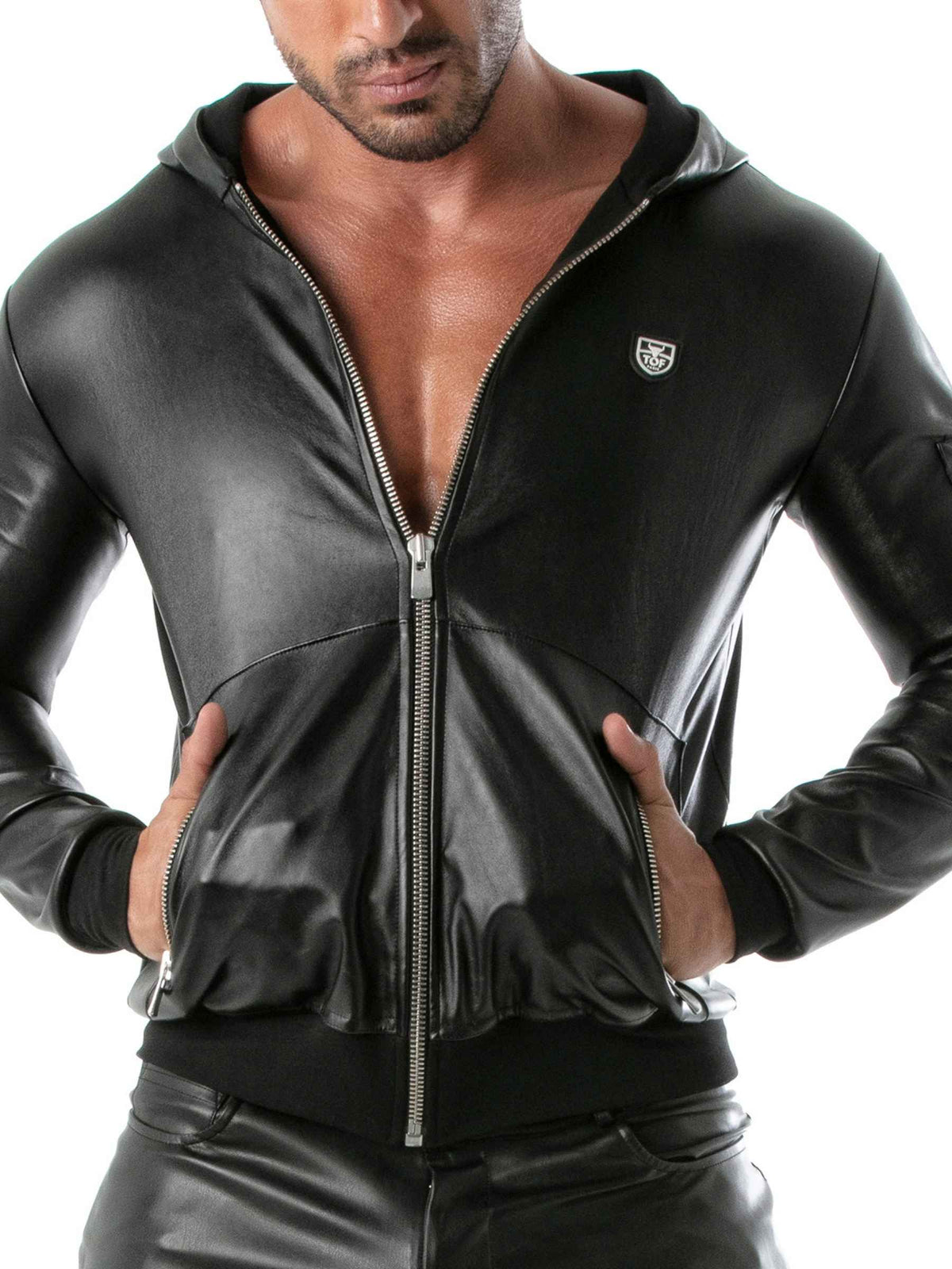 Kunstleder Herren Kapuzenjacke Schwarz – TOF Paris