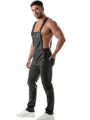 Kunstleder Herren Latzhose Schwarz – TOF Paris von der Seite