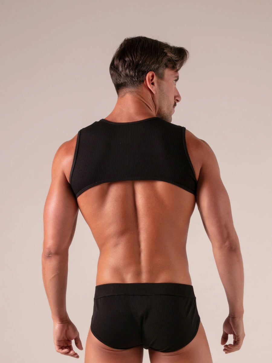 Absolu Male TOF Paris – Laced Harness – Absolu Male – Rückansicht – sexy maskuliner Herrenlook in Schwarz