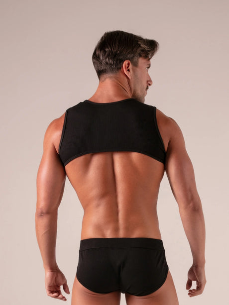 Absolu Male TOF Paris – Laced Harness – Absolu Male – Rückansicht – sexy maskuliner Herrenlook in Schwarz