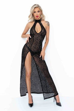 Langes Flockkleid im Leoparden - Look mit Schlitz - Hinreissend