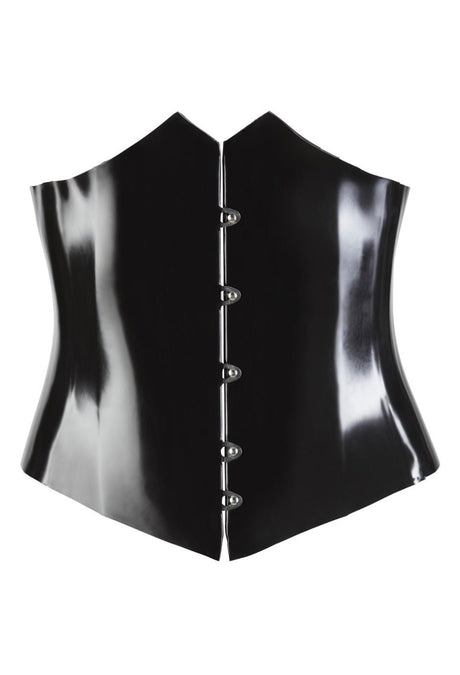 Late X Latex-Mieder Schwarz Detail glänzende Oberfläche mit Formstäbchen vorne