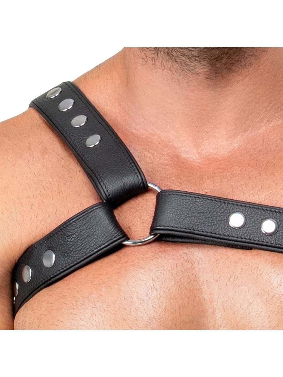 Leder Brustgurt Schwarz Herren Ring und Nieten Detail – ZADO