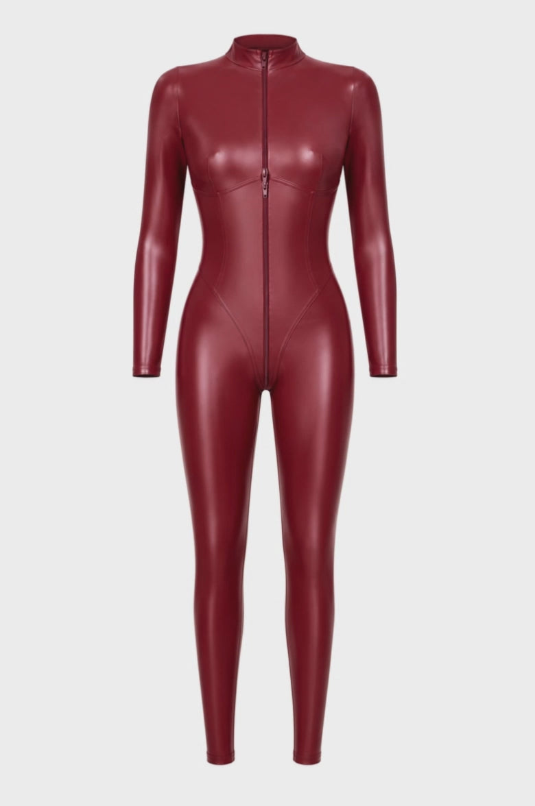 Wetlook Catsuit Damen Bordeaux mit 3-Wege-Zip – Noir Handmade, Drehansicht (Video)
