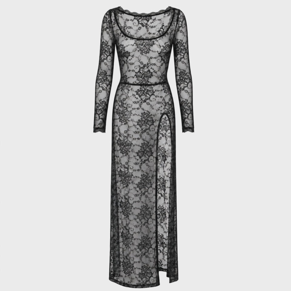 Spitzen Maxikleid Damen Schwarz mit Beinschlitz – Noir Handmade, Drehansicht (Video)