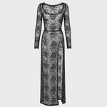 Spitzen Maxikleid Damen Schwarz mit Beinschlitz – Noir Handmade, Drehansicht (Video)