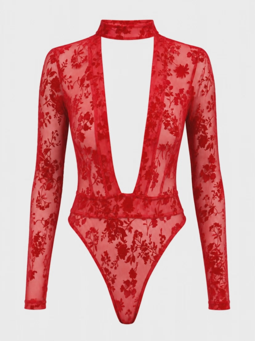 Tüll Body Damen Rot mit tiefem V-Ausschnitt – Noir Handmade, Drehansicht (Video)