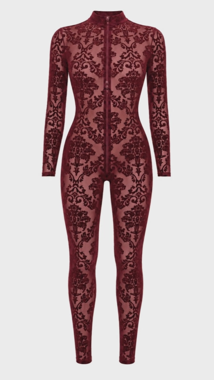 Tüll Catsuit Damen Bordeaux mit 3-Wege-Zip – Noir Handmade, Drehansicht (Video)